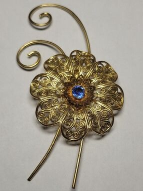 Gold Tone Filigree Flower Brooch with Blue Center - Women Jewelry